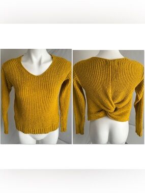 Poof Apparel mustard chenille v-neck twist back long sleeve sweater